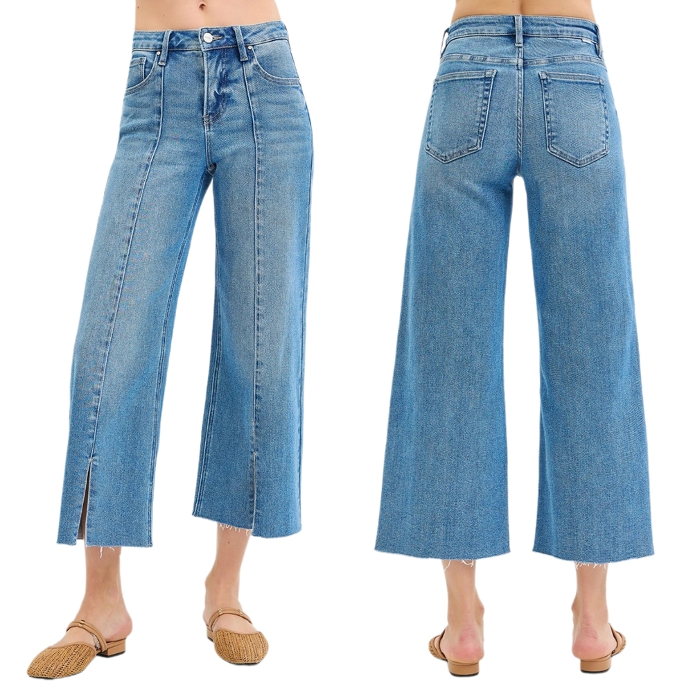 RISEN Mid-Rise Tummy Control Pintuck Seam Wide Leg Pants Slit Hem Denim Jeans - Picture 16 of 16